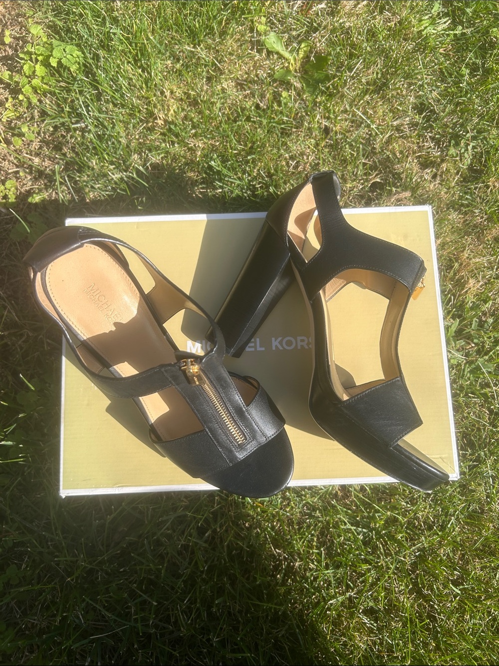 Michael Kors Black Leather T-Strap Heels with Gold Zip Accent